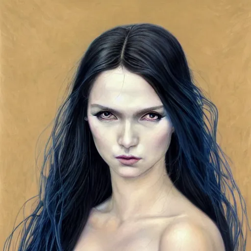 Prompt: facial portrait of a young pretty woman in flowing dress, arrogant, mysterious, long fine flowing hair, delicate, looking at camera, slightly awkward smile, realistic face, no hands visible, intricate, stylish, elegant, grimdark fantasy, vibrant, extremely detailed painting by Harumi Hironaka and Gerald Brom and Greg Rutkowski