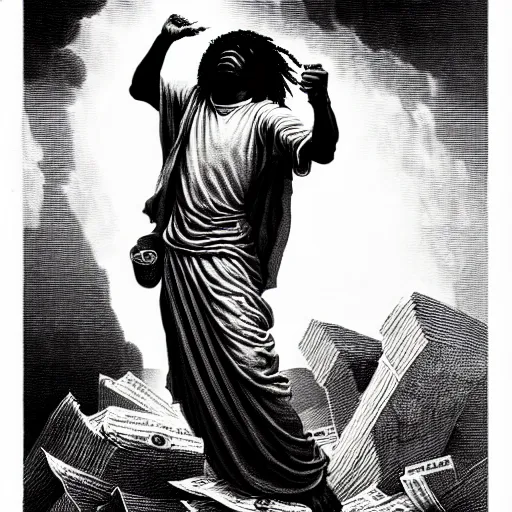 Image similar to cheef keef ascending into heaven holding stacks of cash, biblical image, style of gustave dore, highly detailed, beautiful, high contrast, black and white