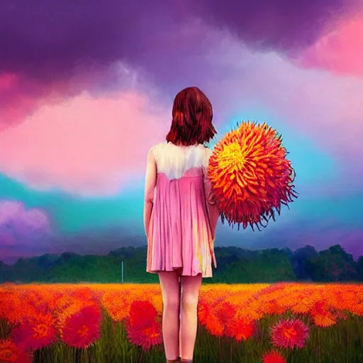 Image similar to giant dahlia flower head, full body girl standing in a flower field, surreal photography, sunrise, dramatic light, impressionist painting, colorful clouds, digital painting, artstation, simon stalenhag