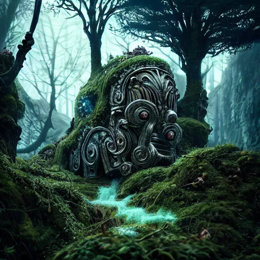 Image similar to ancient fallen god, lush trunda vegetation, snow :: by Michal Karcz, Daniel Merriam, Victo Ngai and Guillermo del toro :: ornate, dynamic, particulate, intricate, elegant, highly detailed, centered, artstation, smooth, sharp focus, octane render, 3d