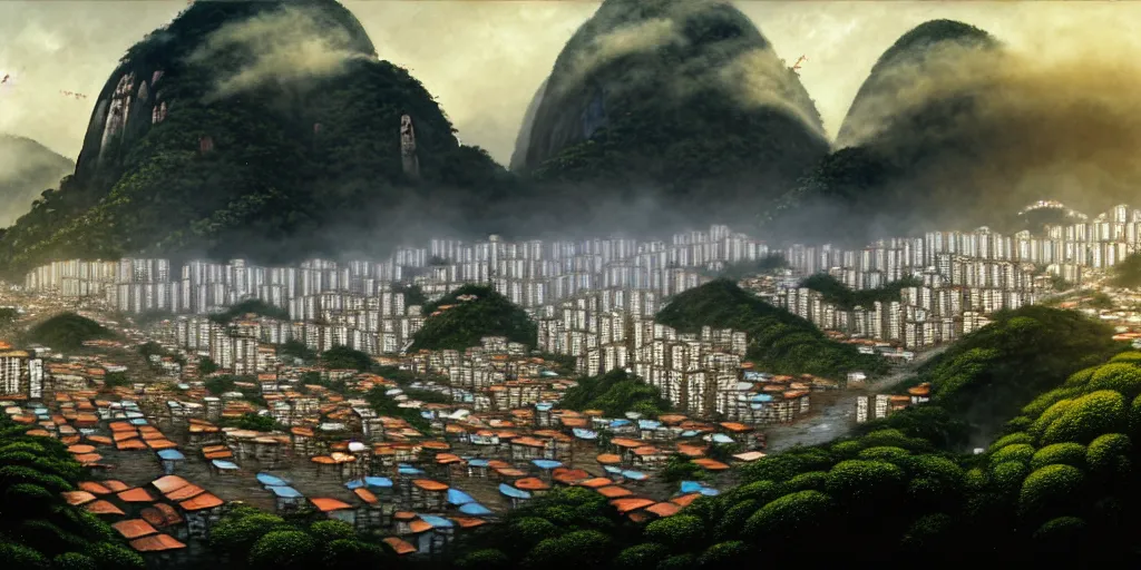 Prompt: slums in rio, favela with jungle behind and mountains, rio de janeiro, wangchen-cg, 王琛, Neil blevins, Denis Sarazhin, matte painting, greg rutkowski, thomas kinkade, Artoast8P, Trending on artstation. 4k symmetrical features, ominous, magical realism, texture, intricate, ornate, royally decorated, house frame, nails, whirling smoke, embers, red adornements, red torn fabric, neon lights, urban street, trending on artstation, volumetric lighting, micro details, 3d sculpture, ray tracing, 8k