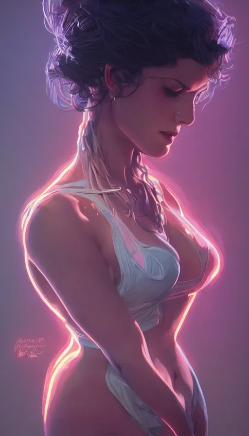 Image similar to hug, neon, fibonacci, sweat drops, insane, pinup, intricate, highly detailed, digital painting, artstation, concept art, smooth, sharp focus, illustration, Unreal Engine 5, 8K, art by artgerm and greg rutkowski and alphonse mucha