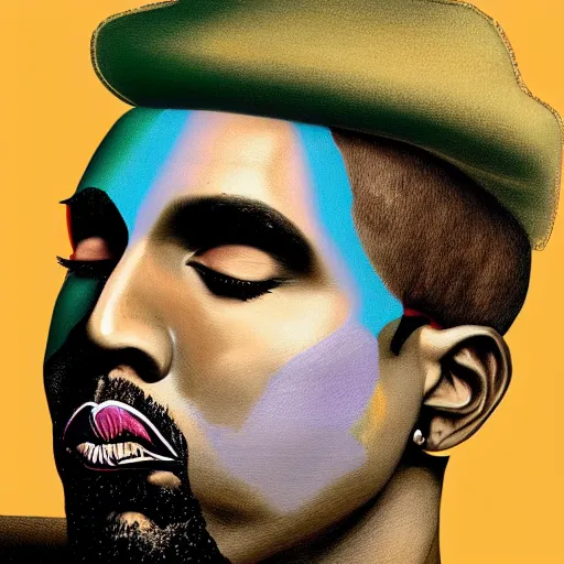 Prompt: an extremely psychedelic portrait of kanye west as marilyn manson, surreal, lsd, face, detailed, intricate, elegant, lithe, highly detailed, digital painting, artstation, concept art, smooth, sharp focus, illustration,