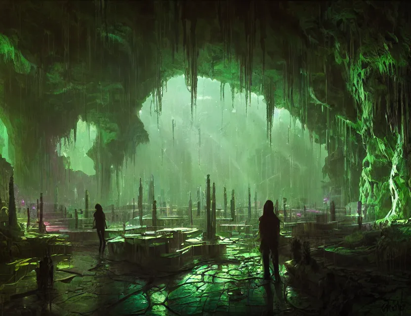 Image similar to cyberpunk nightclub in a mossy dripstone cave. oil painting by award - winning concept artist. backlighting, chiaroscuro, field of depth.