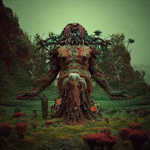 Image similar to ancient dead god being in desolate and lush landscape, moody :: by James Jean, Jeff Koons, Dan McPharlin Daniel Merrian :: ornate, dynamic, particulate, rich colors, intricate, elegant, highly detailed, centered, artstation, smooth, sharp focus, octane render, 3d