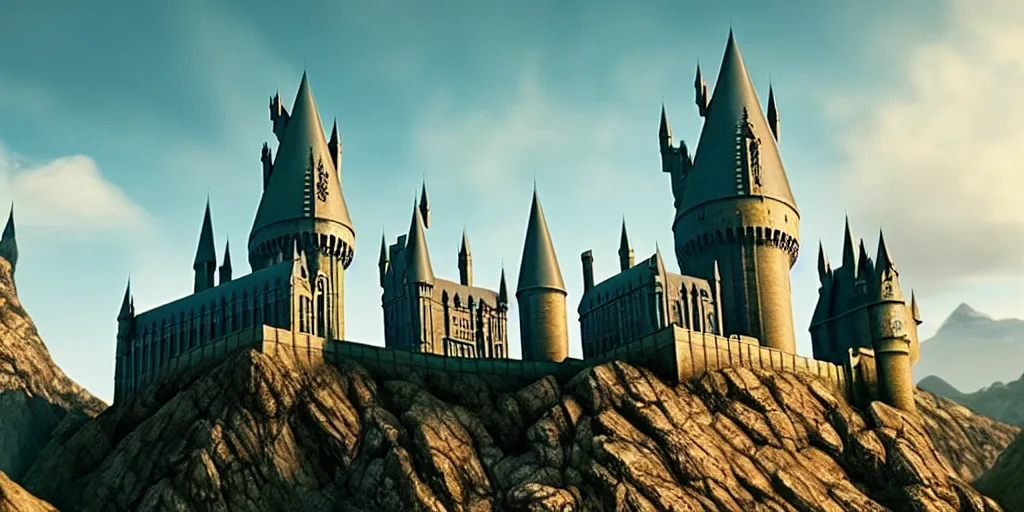 Image similar to film still. screenshot. hogwarts castle. landscape. during golden hour. cinematic lighting. directed by christopher nolan and denis villeneuve. extremely detailed. 4 k.