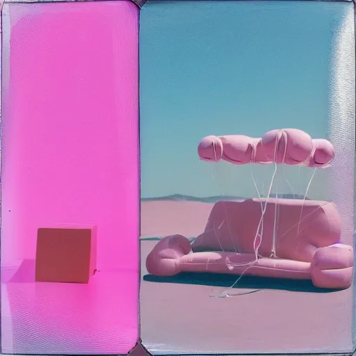 Image similar to a pastel colour high fidelity Polaroid art photo from a holiday album at a pink desert with abstract inflatable parachute furniture, all objects made of transparent iridescent Perspex and metallic silver, no people, iridescence, nostalgic