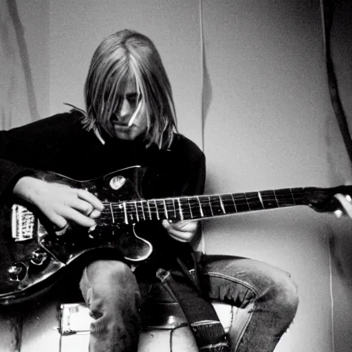 Image similar to kurt cobain playing on his fender electric guitar around big night city, 1 9 9 7, old film photo