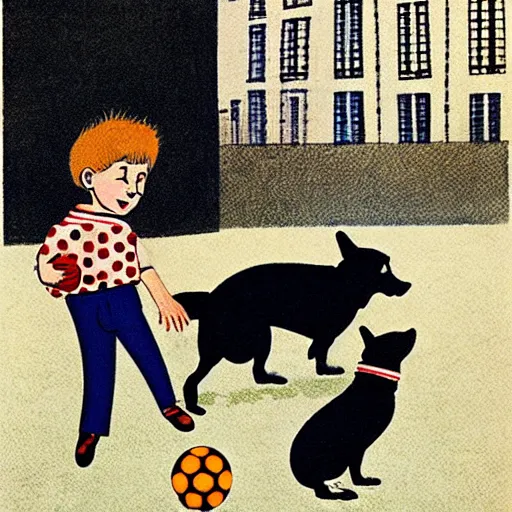 Image similar to book illustration of a french boy on the streets of paris playing football against a corgi, the dog is wearing a polka dot scarf, 1 9 6 6