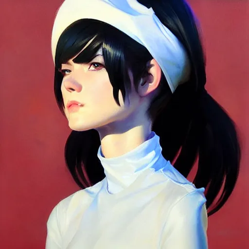 Image similar to greg manchess portrait painting of white pale skinny young girl with black hime haircut as overwatch character, medium shot, asymmetrical, profile picture, organic painting, sunny day, matte painting, bold shapes, hard edges, street art, trending on artstation, by huang guangjian and gil elvgren and sachin teng