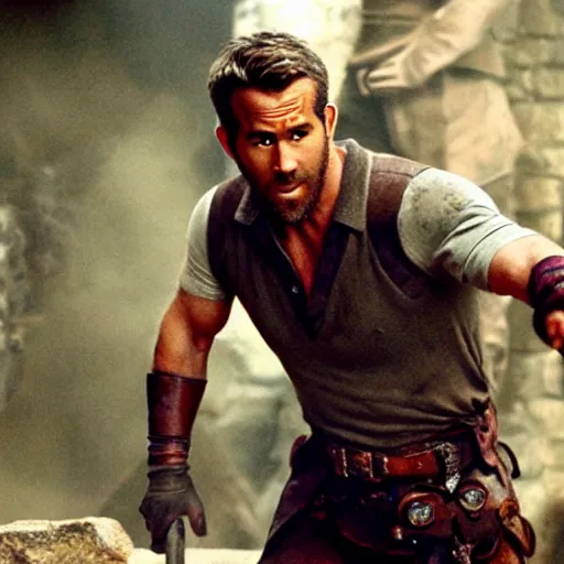 Image similar to Ryan Reynolds as Indiana Jones dropped the holy grail, action scene, cinematic still