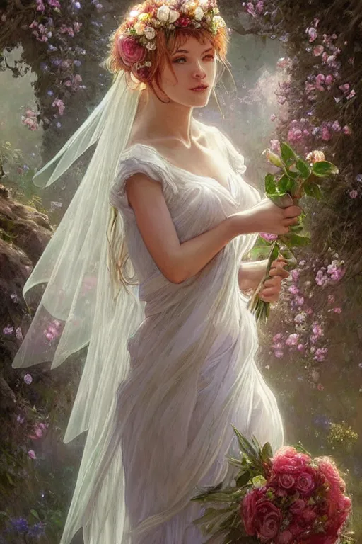 Prompt: beautiful natural bride wearing flowers in hair and carrying a rose bouquet walking down a misty path, intricate, elegant, highly detailed, digital painting, artstation, concept art, smooth, sharp focus, illustration, art by artgerm and greg rutkowski and alphonse mucha