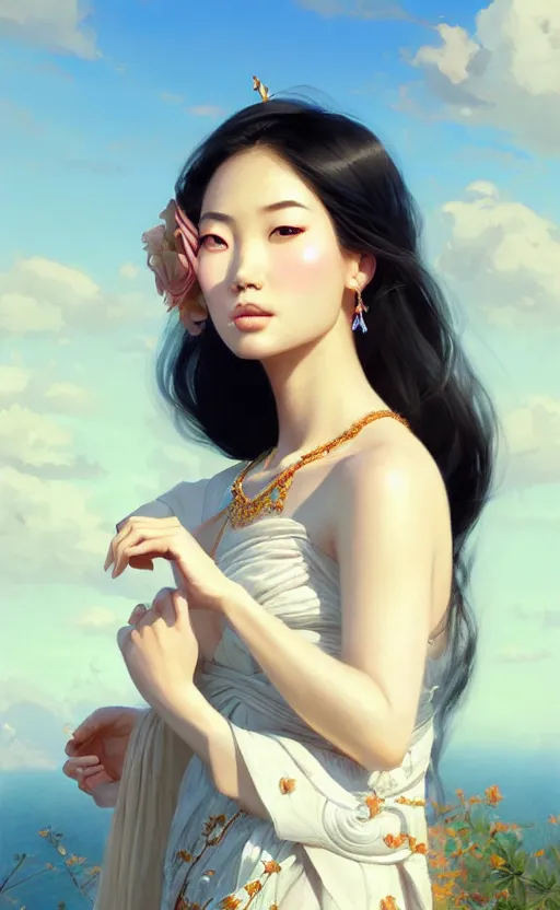 Image similar to a beautiful young charming asian goddess with sundress and jewelry | | winter, realistic shaded, unpleasant face, good looking, fine details, dior, lv, realistic shaded lighting poster by greg rutkowski, macoto takahashi, magali villeneuve, artgerm, jeremy lipkin and michael garmash