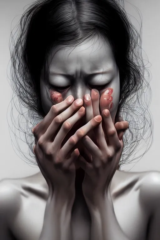 Image similar to hyperrealistic photography of a beautiful crying woman looking at her hands in the style of jin kagetsu, james jean, chris cunninham, hans bellmer and wlop, highly detailed, face symmetry, masterpiece, award - winning, sharp focus, intricate concept art, ambient lighting, 8 k, artstation