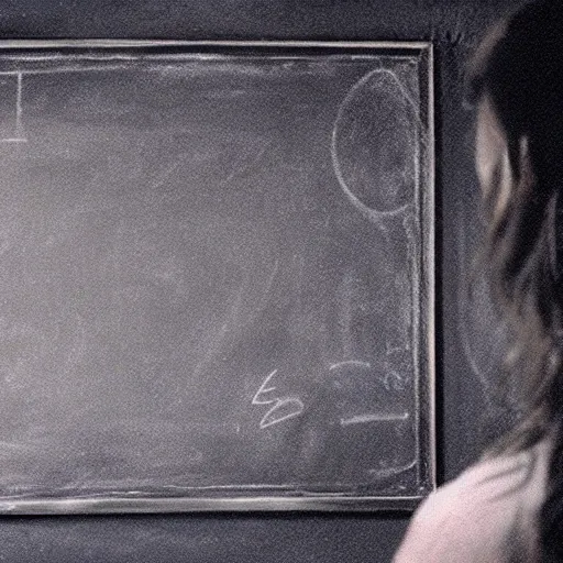 Image similar to the first still from the professor, directed by joseph goebbels, shows jennifer lawrence at a chalkboard, 4 k