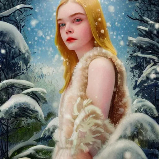Prompt: Elle Fanning, head and shoulders masterpiece, in the snow, golden hour, in a garden, artstation, in the style of Art Deco and Fernando Botera and Bosch, extremely detailed