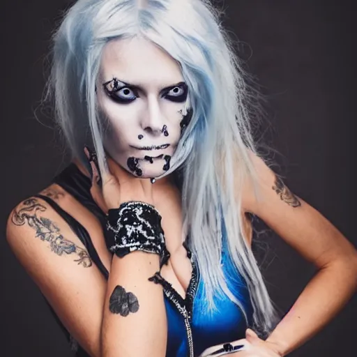 Image similar to Goth lady portrait in swimsuit, silver hair, messy hair, blue eyes