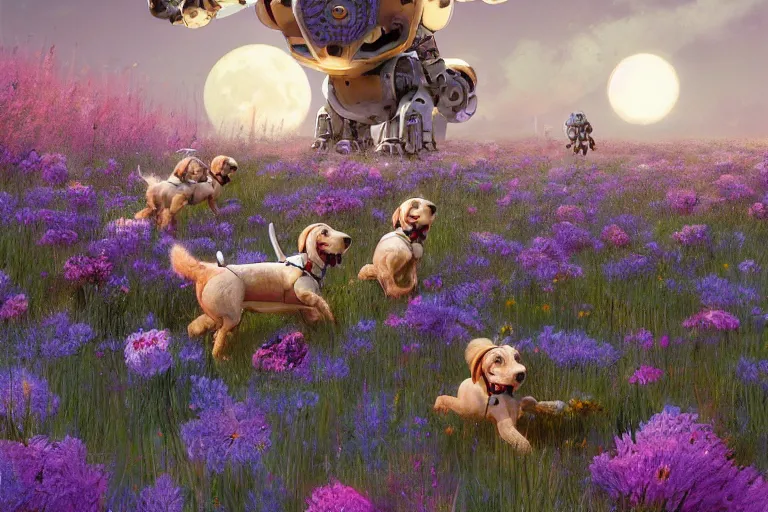 Prompt: robot dogs playing in a field of flowers, blue sky, huge moons by phil foglio and greg rutkowski and james gurney, trending on artstation, hdr, highly detailed