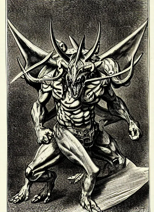 Image similar to illustration of greymon as a demon from the dictionarre infernal, etching by louis le breton, 1 8 6 9, 1 2 0 0 dpi scan, ultrasharp detail, clean scan