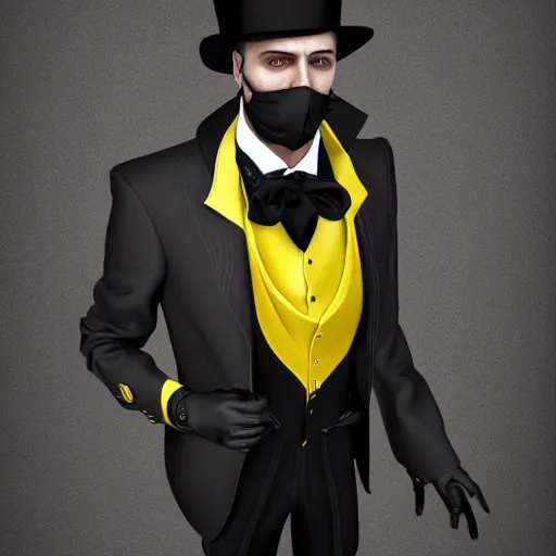 Image similar to a highly detailed portrait of a man in a high top hat covering his face, in a black tailcoat with a yellow waistcoat under the tailcoat, artstation, deviantart, professional, unreal engine 5, photorealistic