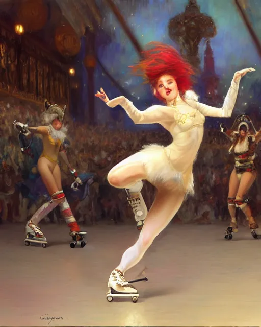 Prompt: white female anthro wolf skating at a roller derby, 4 k, furaffinity, trending on artstation, energetic, speed, motion blur, by gaston bussiere, craig mullins, j. c. leyendecker, gustav klimt, artgerm, greg rutkowski, alphonse mucha