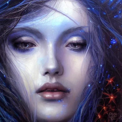 Image similar to masterpiece goddess of sorrow, realistic portrait, 3 0 years woman, melancholic face, long hair, digital painting by louis royo and julie bell, dark tenebrous blue background, cinematic light, aura effect, some chaotic sparkles, wind, unreal engine, artstation, deviantart, pinterest