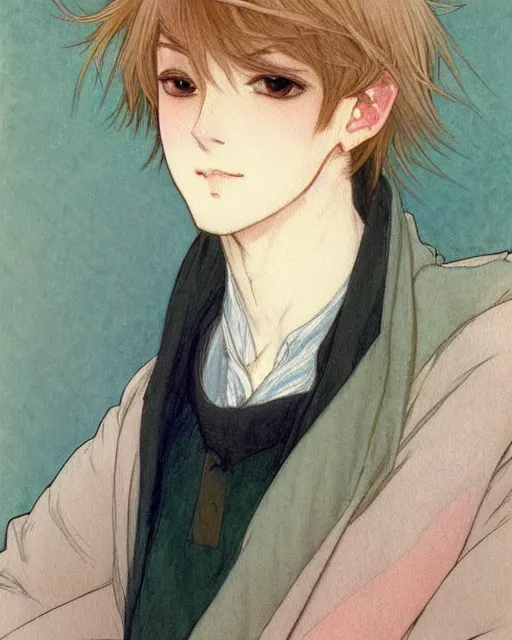 Prompt: A watercolor frontal portrait of a beautiful anime skinny pretty boy without ears with short cream colored hair and tanned skin wearing a white sweater, elegant, fennec ears on top of his head, delicate, soft lines, higly detailed, smooth , pixiv art, ArtStation, pink hue, artgem, art by alphonse mucha charles reid mary cassatt and shirow masamune, high quality