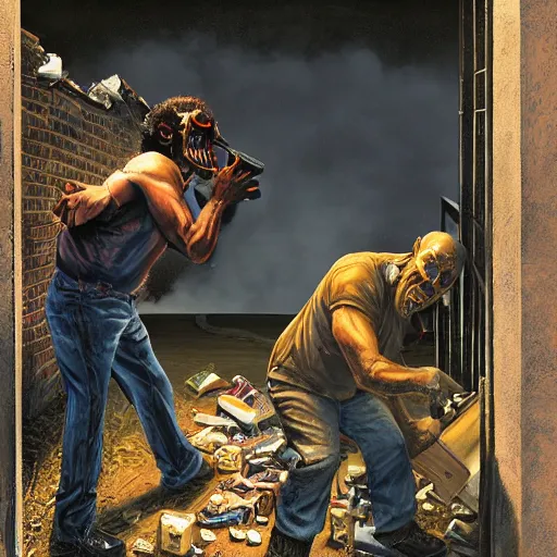 Image similar to a man hides behind a dumpster to reload while the demon in the alley coalesces : high quality high detail painting by david mattingly and larry elmore and richard corben, hd, realistic scene painting, photorealistic lighting, modern supernatural urban horror, street scene