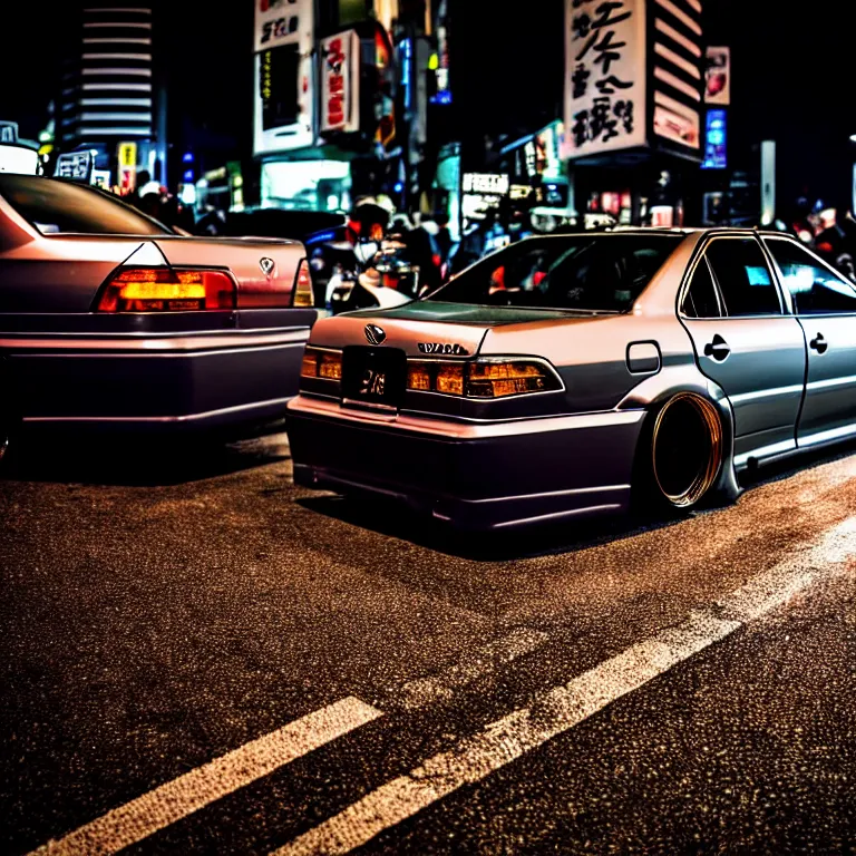 Prompt: close-up-photo Toyota chaser turbo illegal roadside night meet, work-wheels, Shibuya shibuya, cinematic color, photorealistic, deep dish wheels, highly detailed night photography