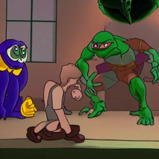 Prompt: a still of from the movie the sixth sense crossover with the game battletoads