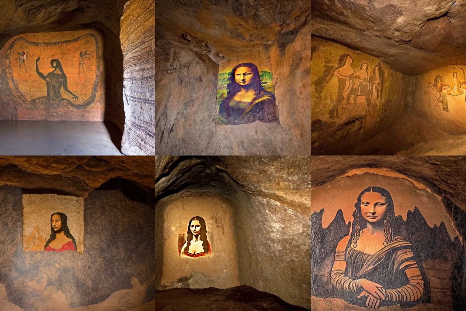 Prompt: photo of a cave painting, inside an ancient cave with paintings on it, one of the paintings is similar to the mona lisa, but its still a cave painting