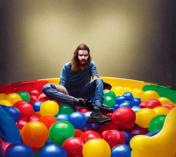 Prompt: a german young man with long brownish hair and glasses and short goatee, lying in a colorful ball pit at an amusement park, art by charlie bowater and greg rutkowski and artgerma, lightroom hyperdetailed