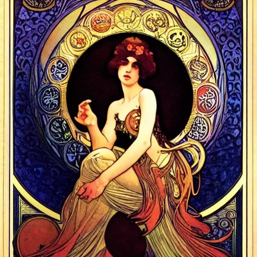 Prompt: akwafina portrait by louis - theophile hingre and alphonse mucha, realistic, sharp focus, zodiac signs, tarot cards, planets, ethereal, art nouveau, magic, moon, sun, crown, dreamy, royal, jewellery