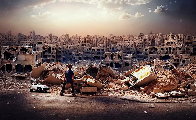 Prompt: “little boy lost, epic view of Hummus in Syria in destruction, sad atmosphere, ruins, hyperdetailed, hyperrealism, trending on artstation, award winning photograph, photorealistic, 8k, concept art, cinematographic, uhd, epic lighting”