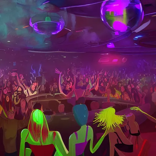 Image similar to nightclub with aliens dancing, highly detailed, artstation, digital painting