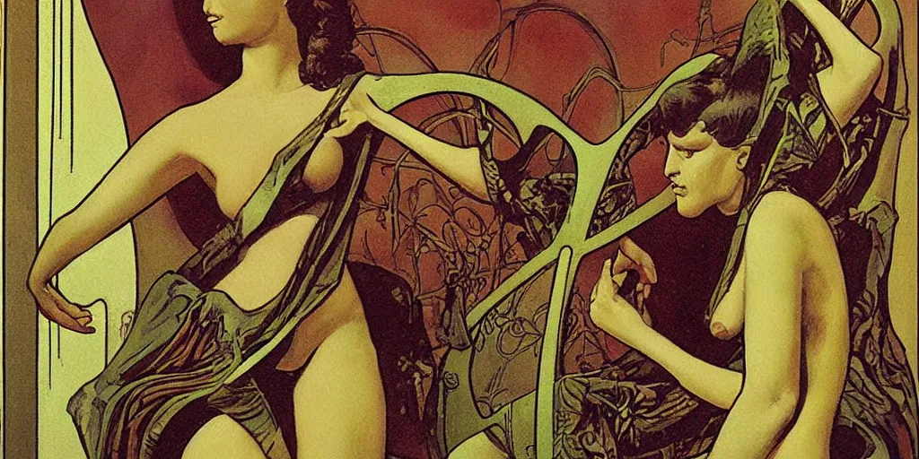 Prompt: An asymmetry still frame of Art Nouveau painting by Richard Corben