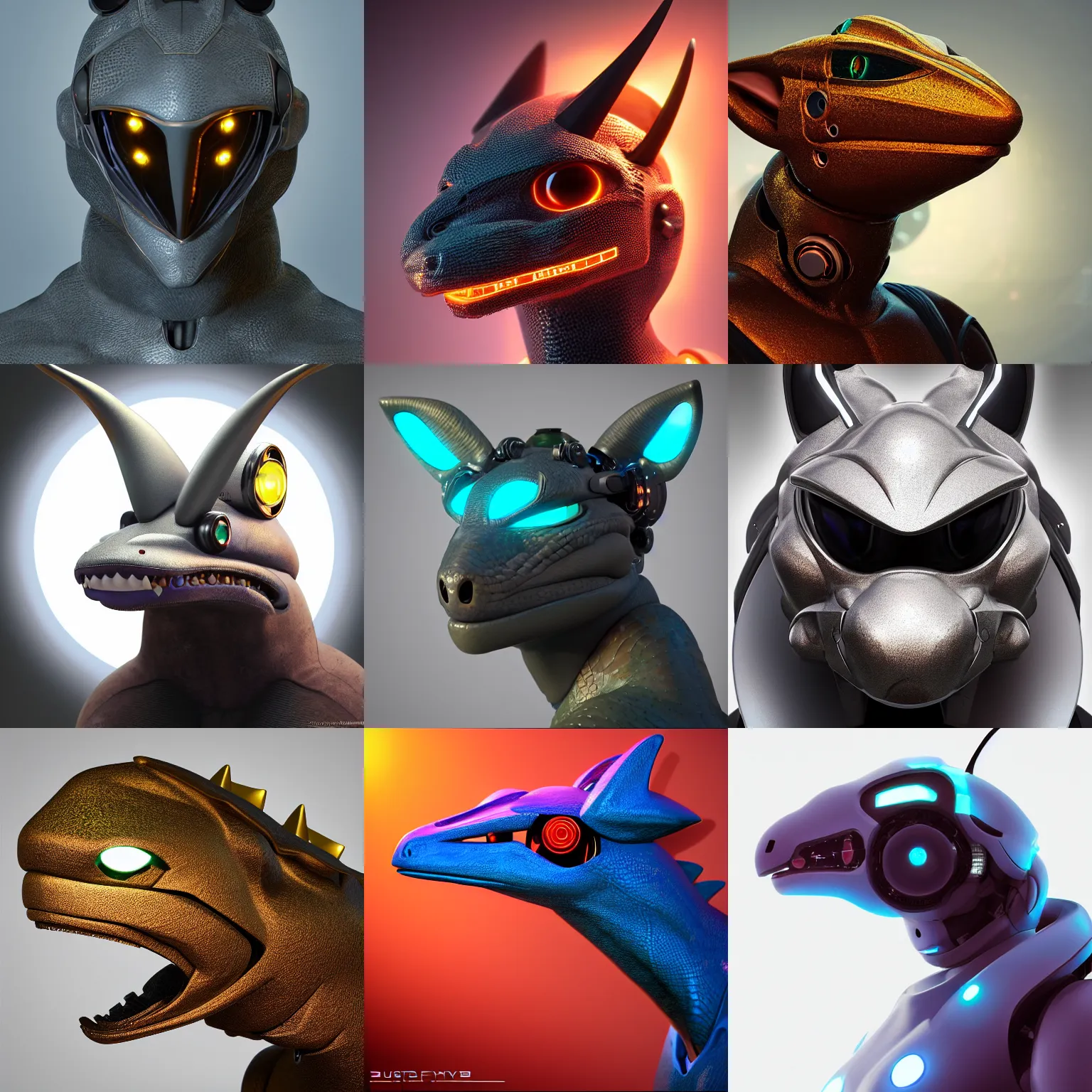 Prompt: very very beautiful furry art, bust profile picture of a robotic anthro lizard, opaque visor,, horns with indicator lights, rounded shapes, smooth metal skin, commission on furaffinity, cgsociety, octane render