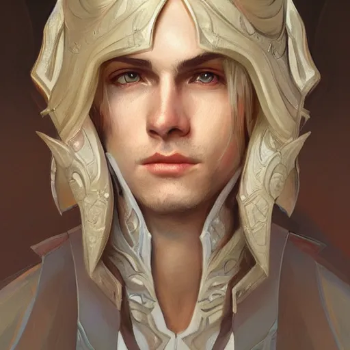 Prompt: Three quarters portrait of a male angelic paladin, highly detailed, digital painting, art by Stanley Lau and Artgerm and Greg Rutkowski and Alphonse Mucha, artstation, octane render, cgsociety