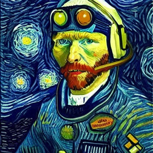 Image similar to portrait of astronaut, starry night in background, by van gogh