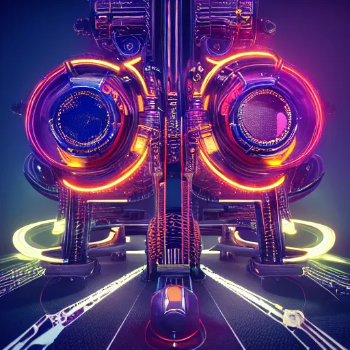 Image similar to album cover, album is called tripmachine,, a huge futuristic steampunk machine made of guitars and drums and pianos, connected with glowing tubes 8 k, fluorescent colors, halluzinogenic, multicolored, exaggerated detailed, front shot, 3 d render, octane