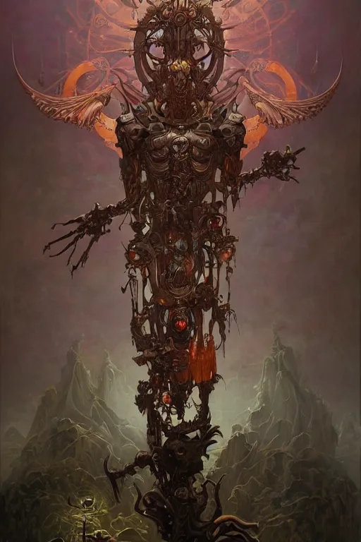 Prompt: evil gigantic biomechanical god of death, fantasy painting, ultra realistic, wide angle, art nouveau, intricate details, rainbowshift, vivid colors, highly detailed by peter mohrbacher, maxfield parrish, aaron horkey, gaston bussiere, craig mullins
