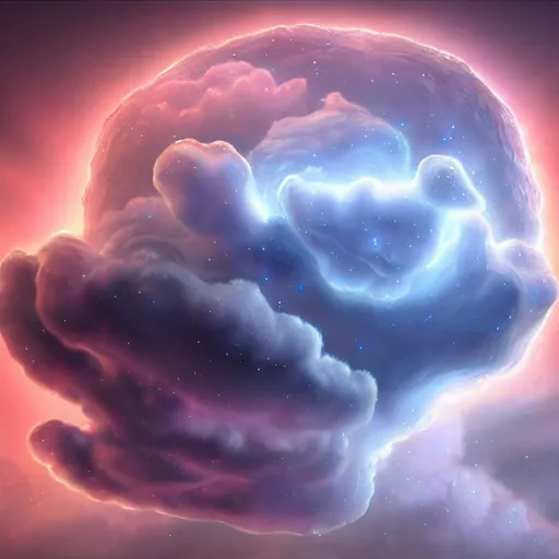 Prompt: atom surrounded by clouds, dreamy lighting, digital art, art station, extremely detailed