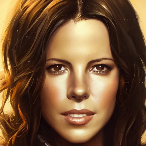 Prompt: closeup portrait of a kate beckinsale as a software engineer, seductive smile, soldier, army chiaroscuro, computer geek, golden hour, dramatic lighting, complementary contrast, high detail, painted by greg rutkowski, painted by igor kieryluk, trending on artstation