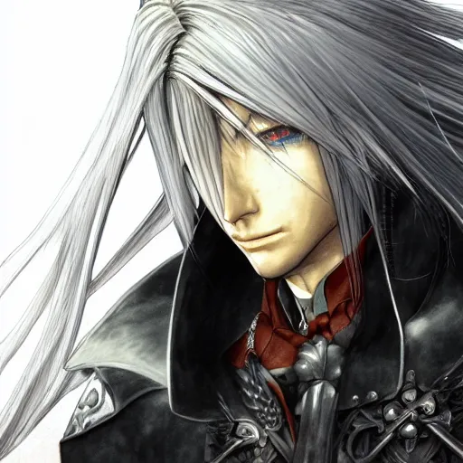 Prompt: sephiroth portrait, drawn by akihiko yoshida, in the style of bravely default ii, fantasy themed, highly detailed, sharp focus, trending on artstation,