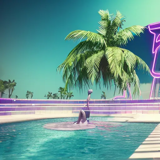 Prompt: a broken statue in a surreal underground white tiled swimming pool surrounded by neon lights and palm trees in vapor wave style, 3D octane render, hyperrealistic, dramatic lighting, unreal engine, houdini, 8k, 4k, raytracing