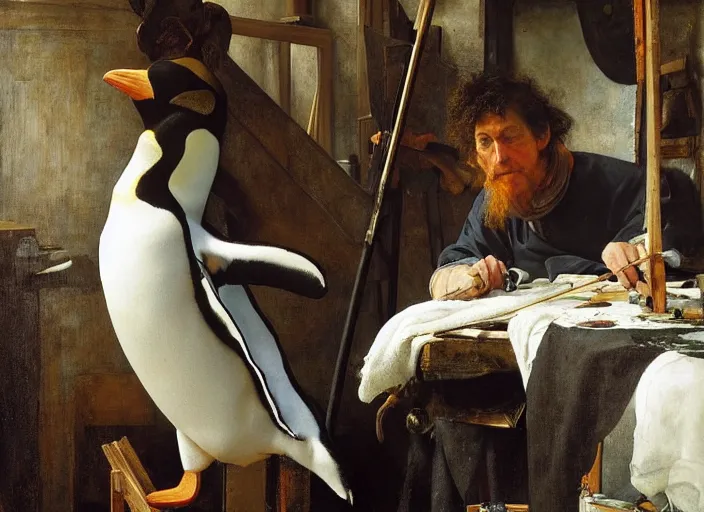 Image similar to an exhausted painter in his studio painting a picture of a penguin, by edgar maxence and caravaggio and michael whelan and delacroix style, artistic, intricate drawing, cinematic lighting, hyper realistic, extremely detailed, establishing shot, 8 k resolution, dramatic lighting