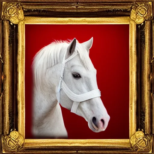 Prompt: an all white horse, with no facial features, like a white mask pulled over their face, full body laying in a blood red pool of water between a golden mirror frame, inside the frame of the mirror is the bohemian grove sacrifice ritual and outside the mirror frame is a deep space., physically accurate, dynamic lighting, intricate, elegant, highly detailed, very very Roberto Ferri, sharp focus, very very unsettling, very terrifying, illustration, art