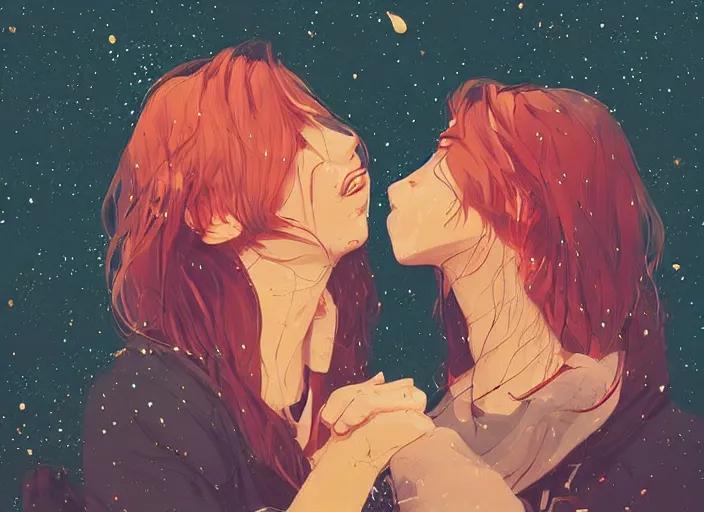 Prompt: two woman kiss next to a campfire, cozy, night sky, digital art, highly detailed face, beautiful face, portrait, by conrad roset, by wlop, anime style, octane render