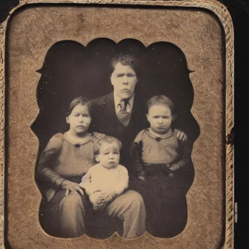 Image similar to a tintype photo of bigfoot and his family