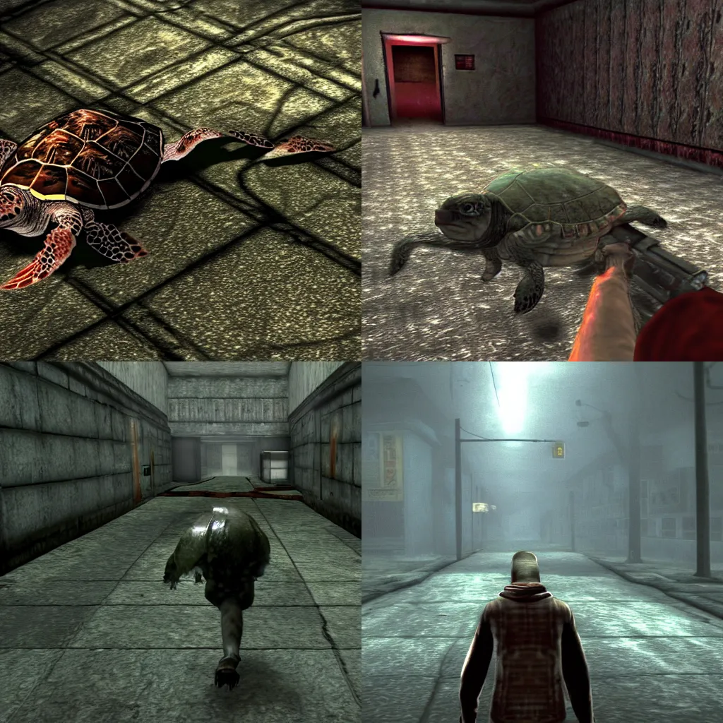 Prompt: turtle, silent hill 3 screenshot